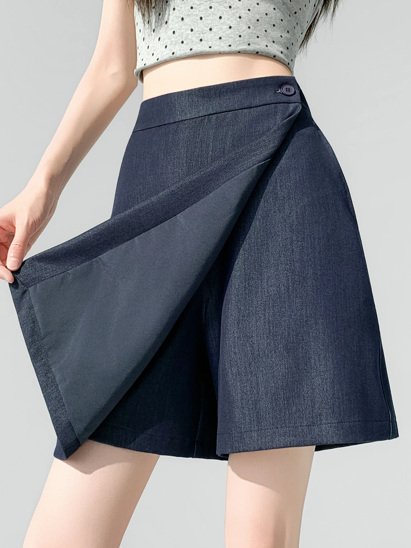 

Retro Silk Denim Short Pants Women Summer Thin Small Size Outdoor Wear Loose Slim A-Line Wide Leg Five-Quarter Skirt