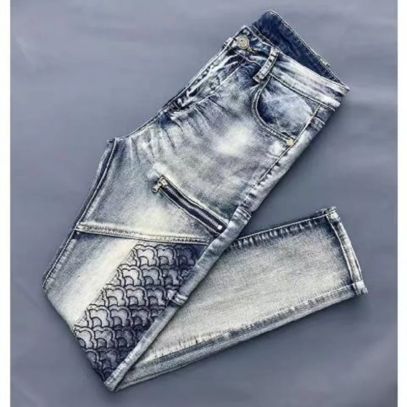 

European American Retro Nostalgic Embroidered Jeans Men's Trendy Style Motorcycle Slim Feet Elastic Versatile Long Pants