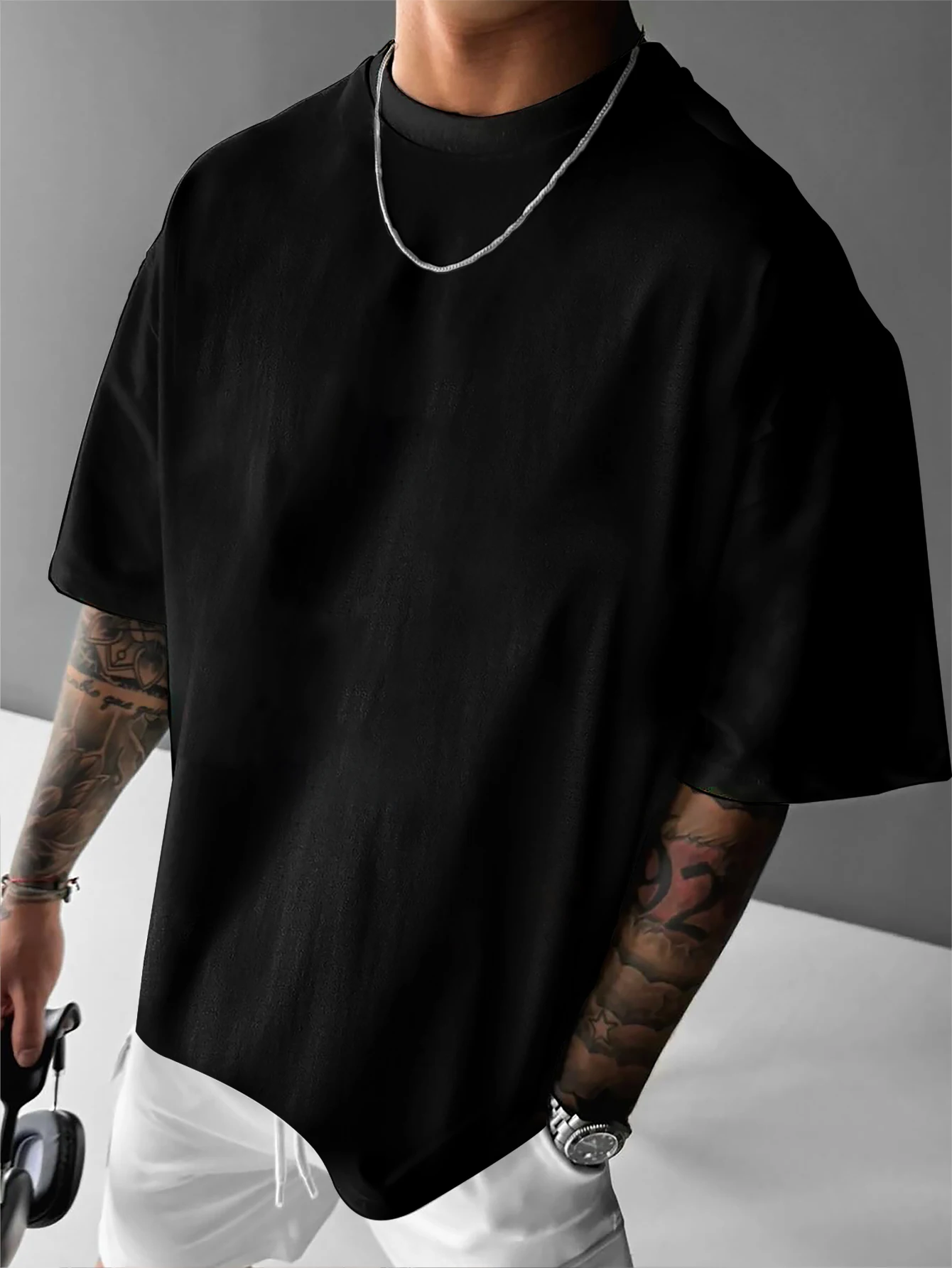 Men Oversized Streetwear T‑Shirt Japan Scenery Building Mount Fuji Graphic Back Print Drop‑Shoulder Casual Short Sleeve Tee