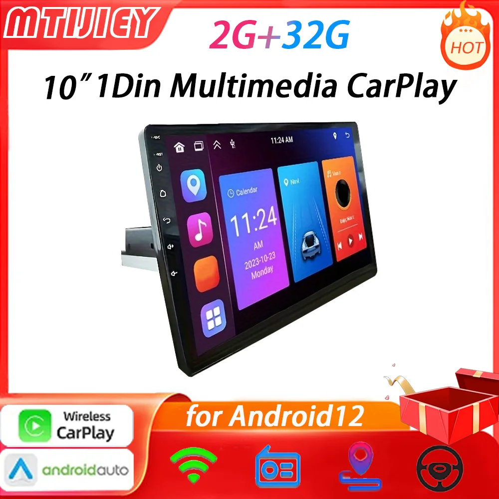 

MTIJIEY 2+32G 10'' 4Core Android12 1Din Car Multimedia CarPlay Universal Navigation GPS Headunit Auto Radio Audio Stereo DVD