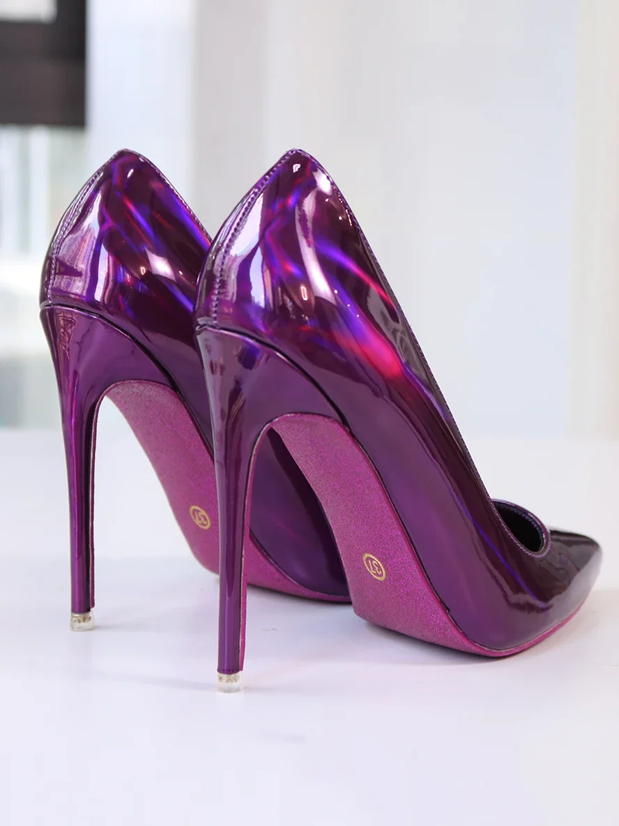 Purple laser patent leather pointed high heels with thin heels and shallow mouth, sexy, fashionable, versatile, plus size 34-46