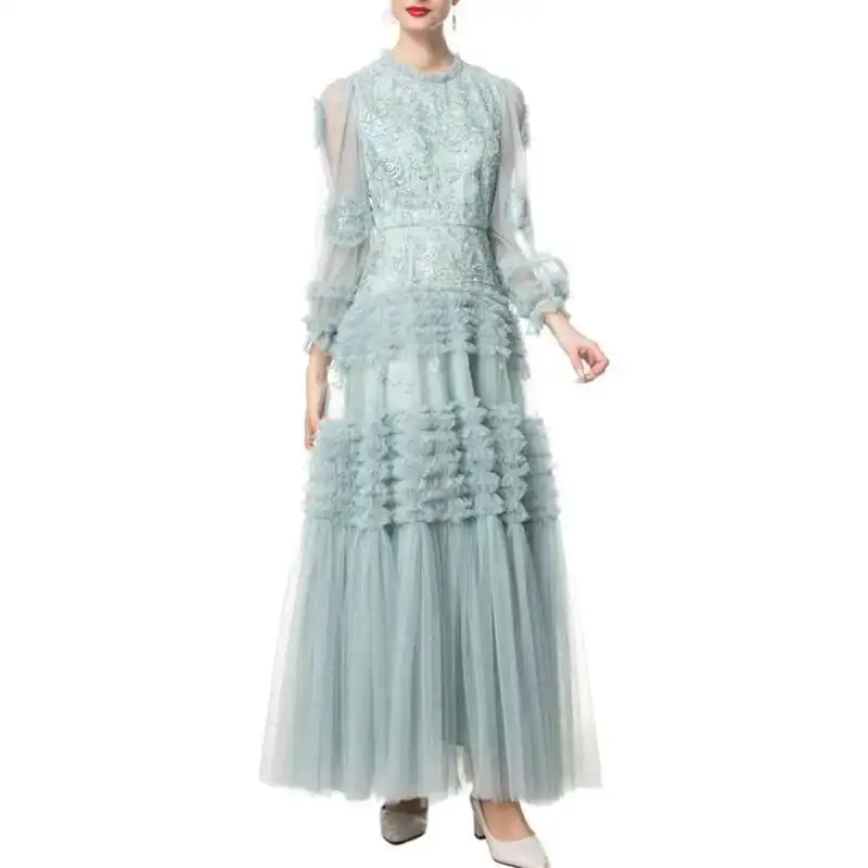 Qmqa moda feminina elegante grânulo lantejoulas malha emenda manga comprida cintura alta vestidos formais 2025 primavera feminino novo qm240