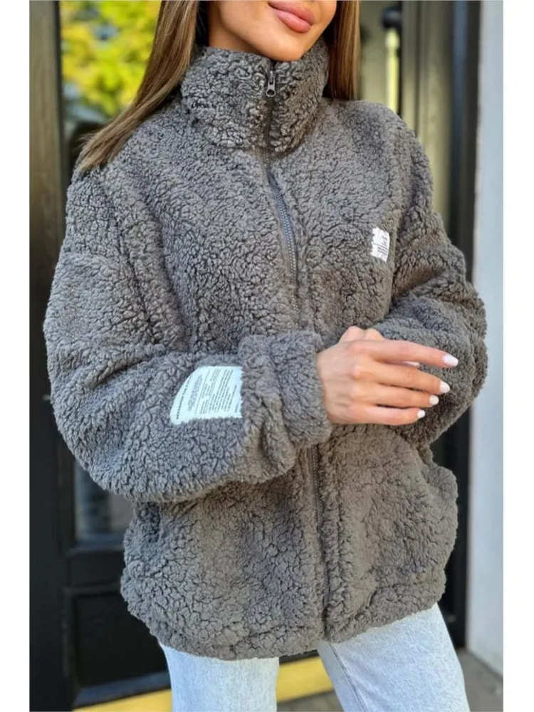 New Winter Warm Flip Collar Long Sleeve Outwears Fashion Solid Color Pocket Jacket Coats Loose Casual Furry Zipper Women's Coats