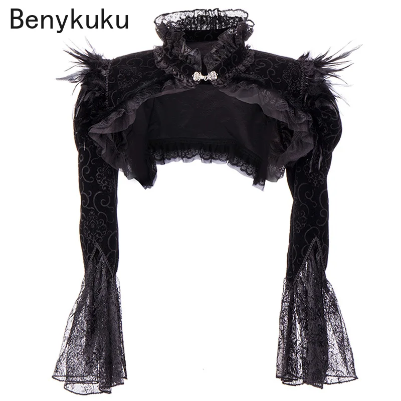 

Black Feathers Lace Cardigan Gothic Punk Cropped Jacket Long Sleeve Stand Collar Steampunk Bolero Plus Size Women Victorian Coat