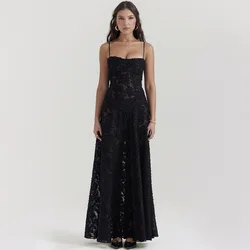 Oligai Maxi Black Formal Occasion Dress Elegant Spaghetti Strap Event Party Dresses Embroidery See Through Women's Clothing