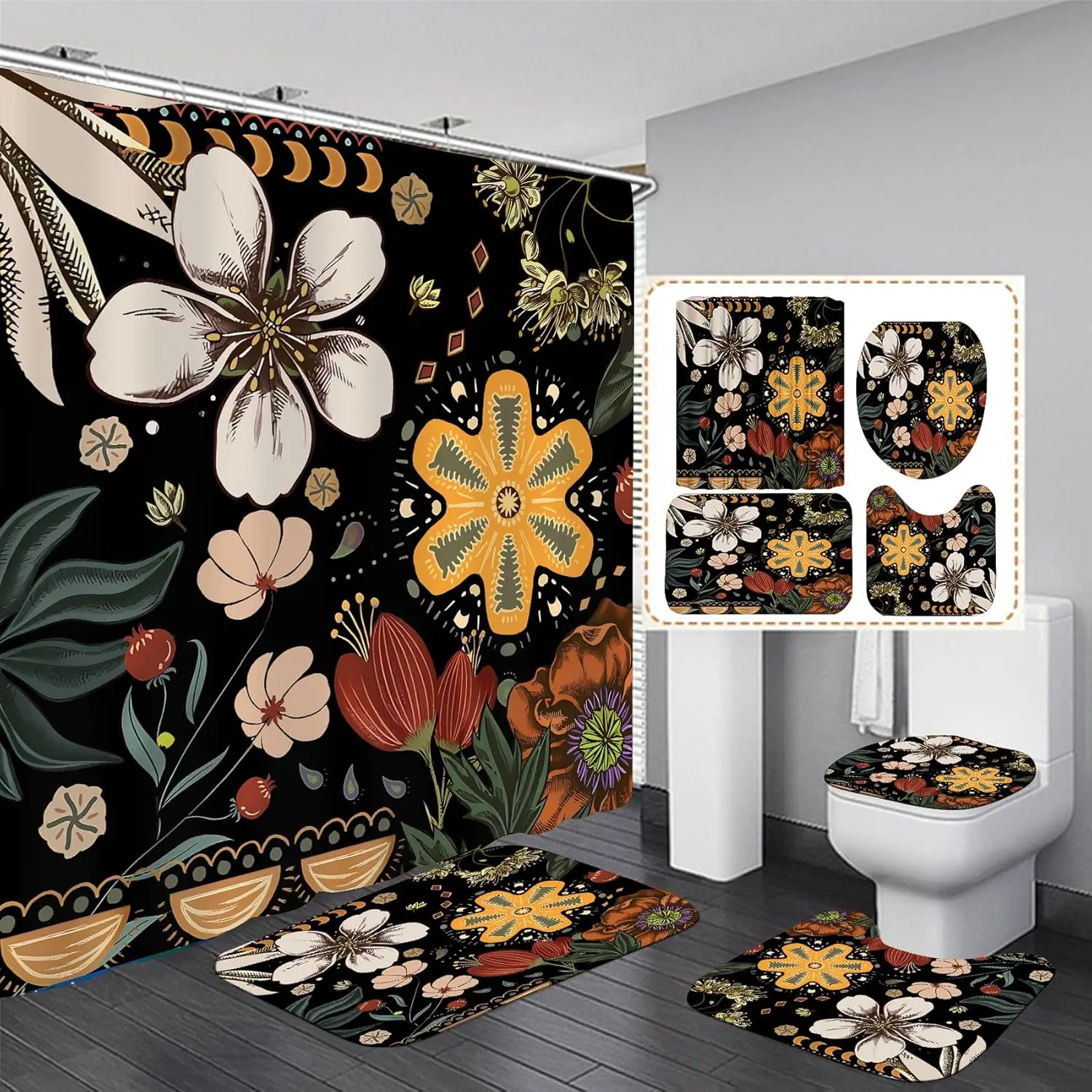 

Набор занавесок для душа, 4 шт., черные наборы для ванной комнаты с занавеской для душа и ковриками, занавески для ванной комнаты в стиле бохо, набор для душа, декор для ванной комнаты с