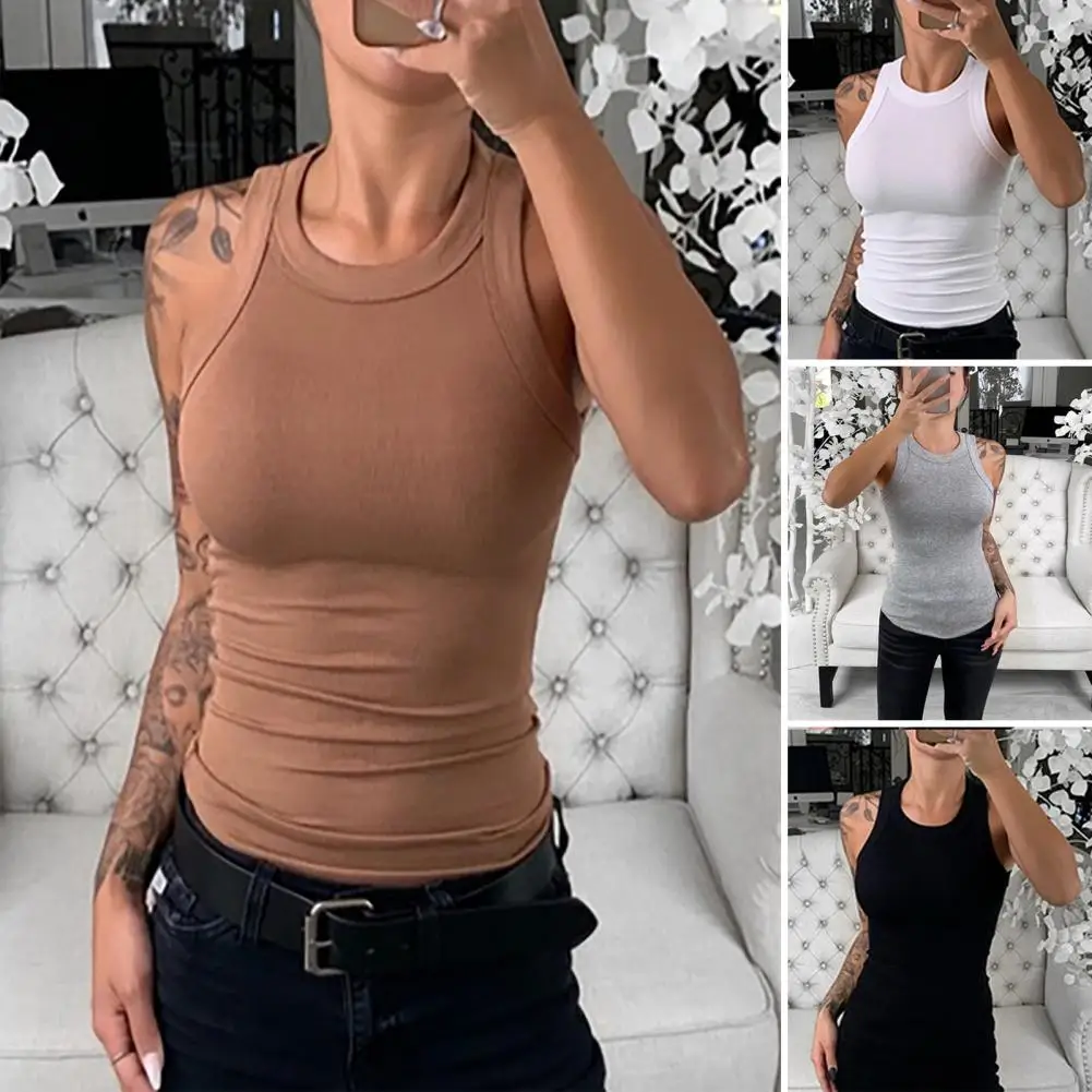 

Stretchy Women Top Slim Fit Ribbed Tank Tops Women's O-neck Vest for Streetwear Inner Wear Solid Color Bottoming Tops Women Vest