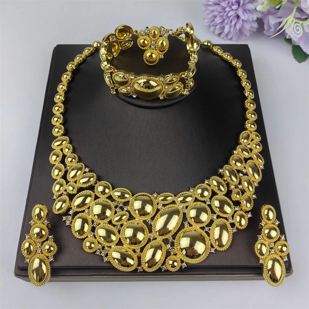 

Итальянский элегантный комплект ювелирных изделий из 18-каратного золота для женщин, преувеличенное ожерелье, серьги, браслет, кольцо, свадебные подарки для вечеринки