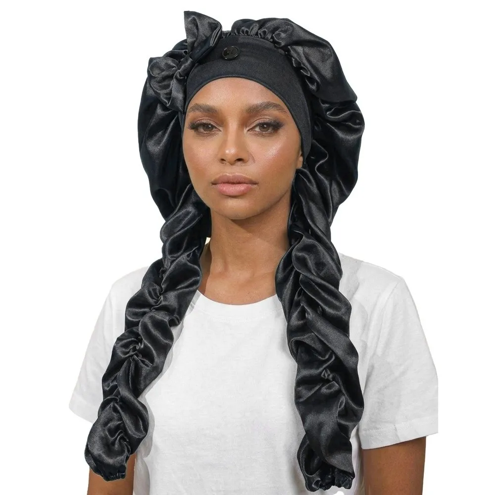 Satin Material Sleep Bonnet Long Curling Ribbons Adjustable Fit Satin Bonnet Soft Fabric Non-Slip Design Curling Bonnet