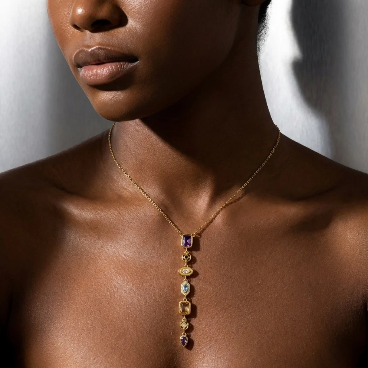 Glänzende Zirkon-Halskette mit geometrischen Verbindungsstücken und Quasten aus Edelstahl für Damen und Herren, Herz, Auge, Wassertropfen, Sonne, Mond, Stern, Choker-Schmuck – Detail 17