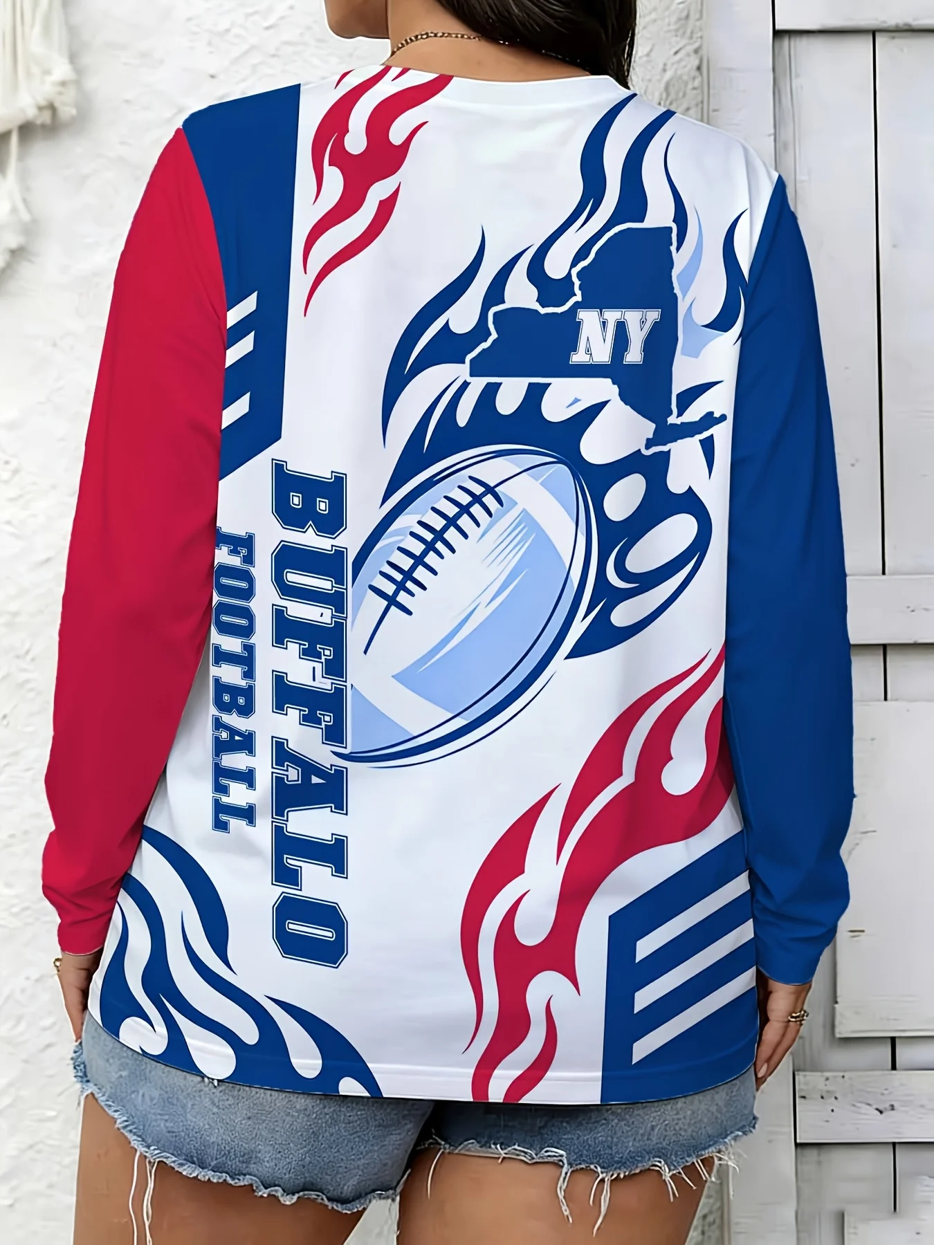 Women's Long Sleeve T-Shirt, Buffalo Football Ny State Flame Graphic Print Raglan Sleeve Top, All-Winter Holiday Style Top Suitable For Leisure And Sports Scenarios