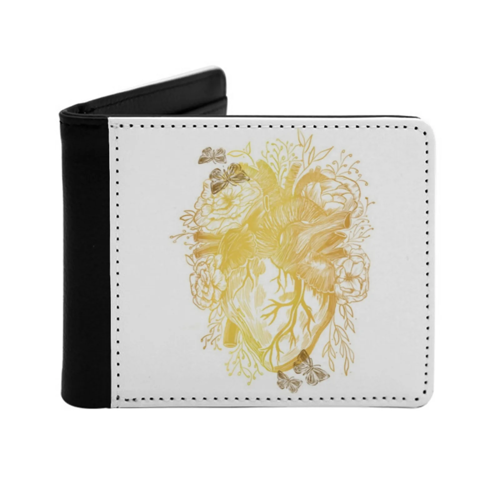 

Golden Heart Floral Original Personalized Men's Leather Wallet Credit Card Pouch Purse Heart Goldenheart Butterflies Anatomyart