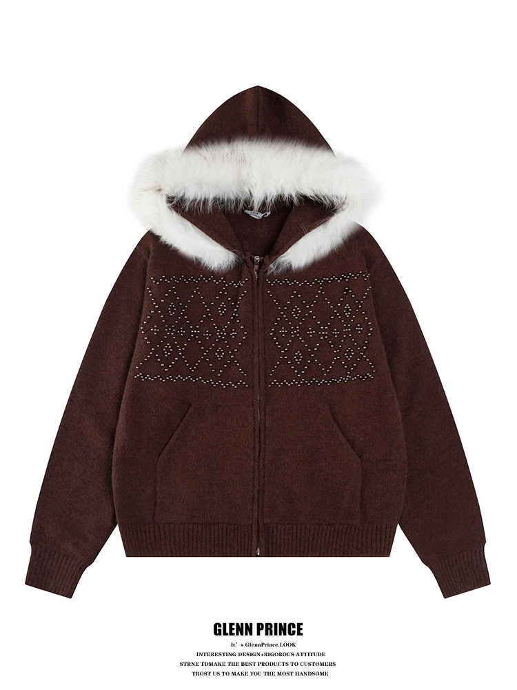 

GPstudio Vintage Diamond id Beaded Fur Collar Hoodie Knitted Sweater Women's Autumn Winter Lazy Open Cardigan Warmth Outerwear