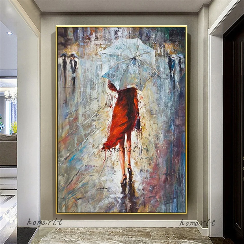 Canvas Picture Of Pedestrian Walking On The Road With Umbrella In Hand Modern Handmade Oil Painting On Wall Art For Home Decor