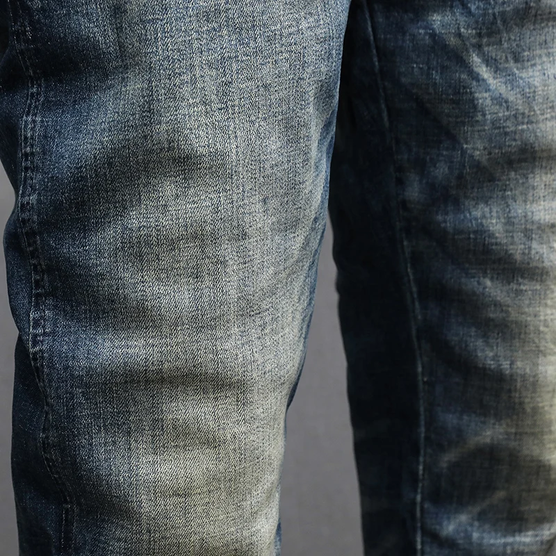 Italian Style Fashion Men Jeans High Quality Retro Washed Blue Stretch Slim Fit Ripped Jeans Men Vintage Designer Denim Pants