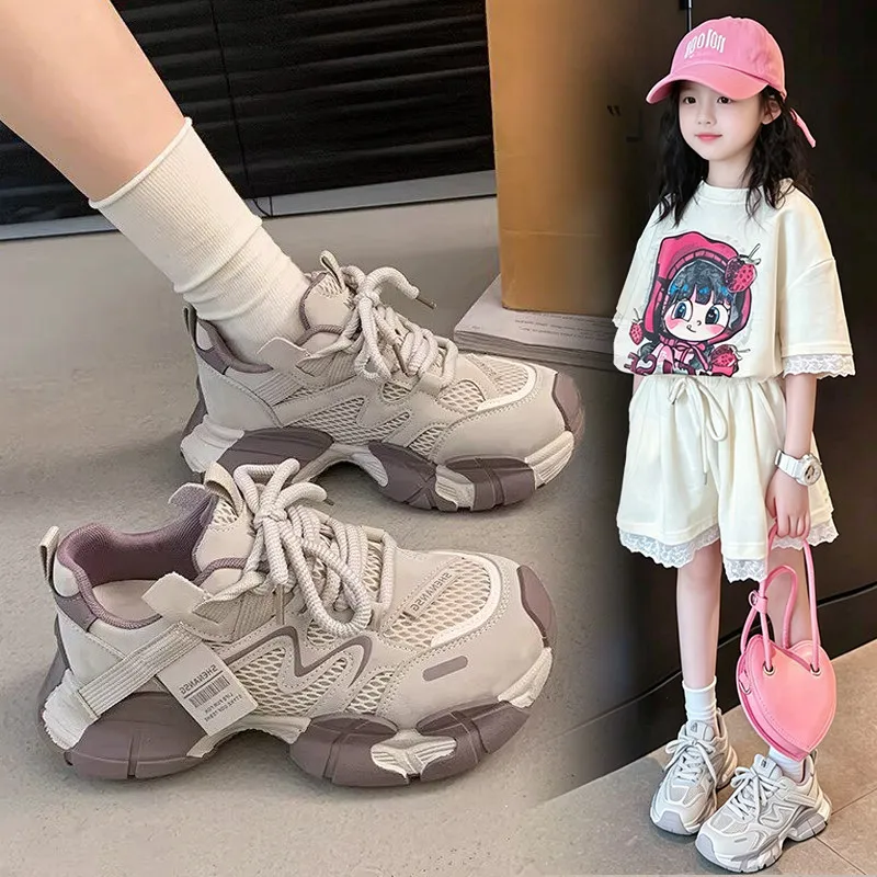 Chunky Sneakers Children Synthetic Leather Mesh Mixed Color Round Toe Ultra-light Lace-Up Sports Trainer Girls Shoes Handmade