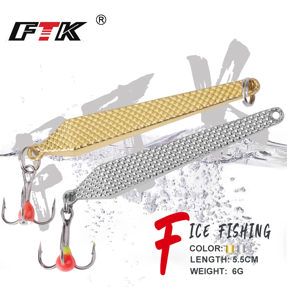 FTK Ice Fishing Lure Spoon 6g 55mm 1pc Silver Gold Metal Fishing Bait Spinner Bait Treble Hook 10# Hard lures Bass Fishing