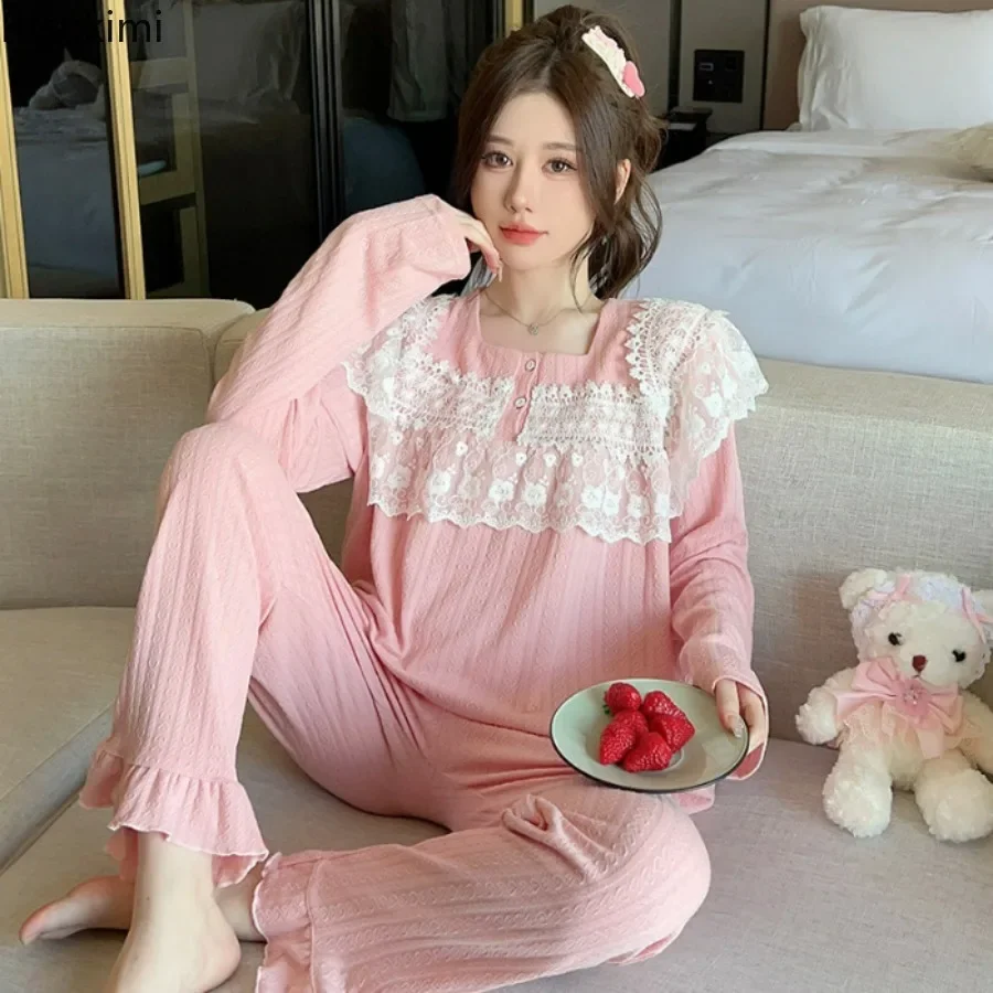 2024Women's Casual Pajama Sets Solid Simple Square Collar College Girls' Homewear Sleepwear Spring Autumn Femme Cozy Pajama Sets