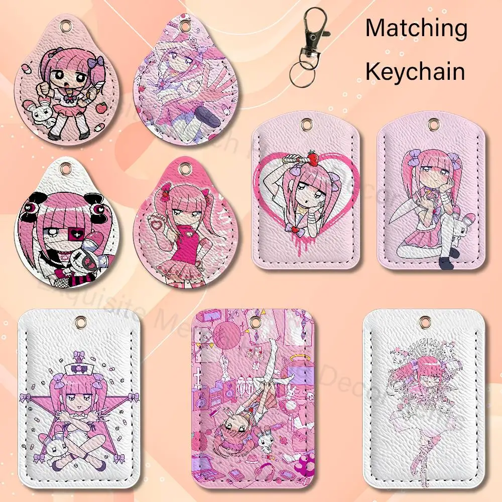 M-Menhera kawaii Girl C-Chan Leather Card Holder with Exquisite Keychain purpose Case for Air Tag Metro ID Access Control Card