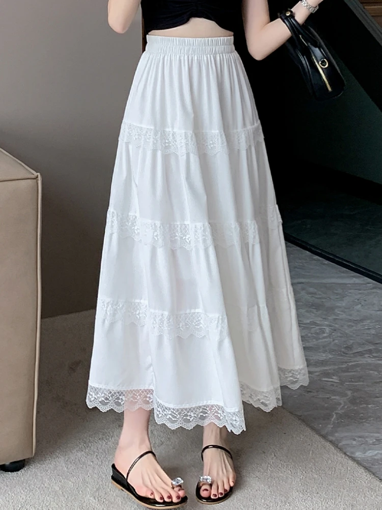 

Midi Long Skirt Women White Skirt 2024 Mori Girl Style Sweet Crochet Lace Spring Summer High Waisted A-Line Pleated Skirts rok