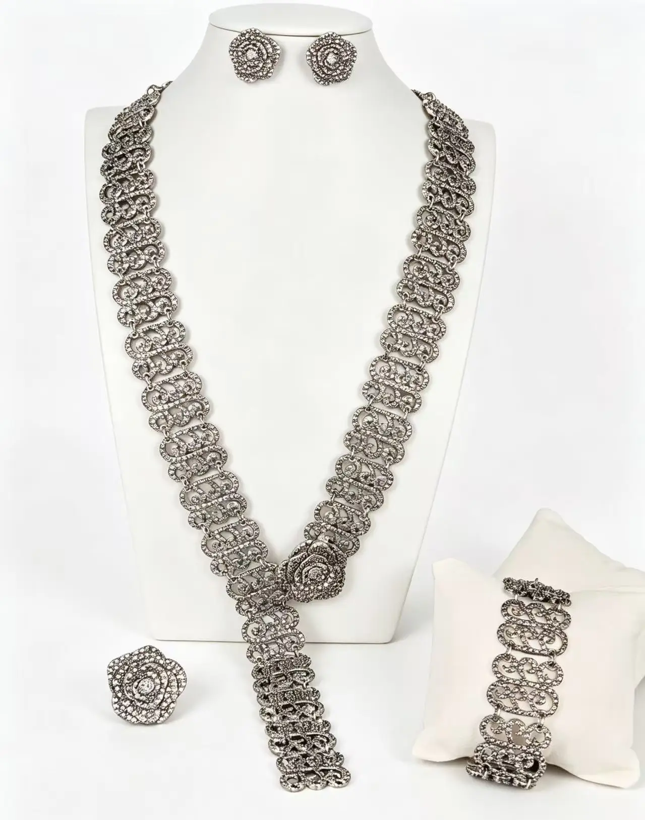 Vintage Gunmetal Full Rhinestone Rose Floral Jewelry Set Crystal Y Drop Necklace Earrings Ring Bracelet Bridal Wedding Party