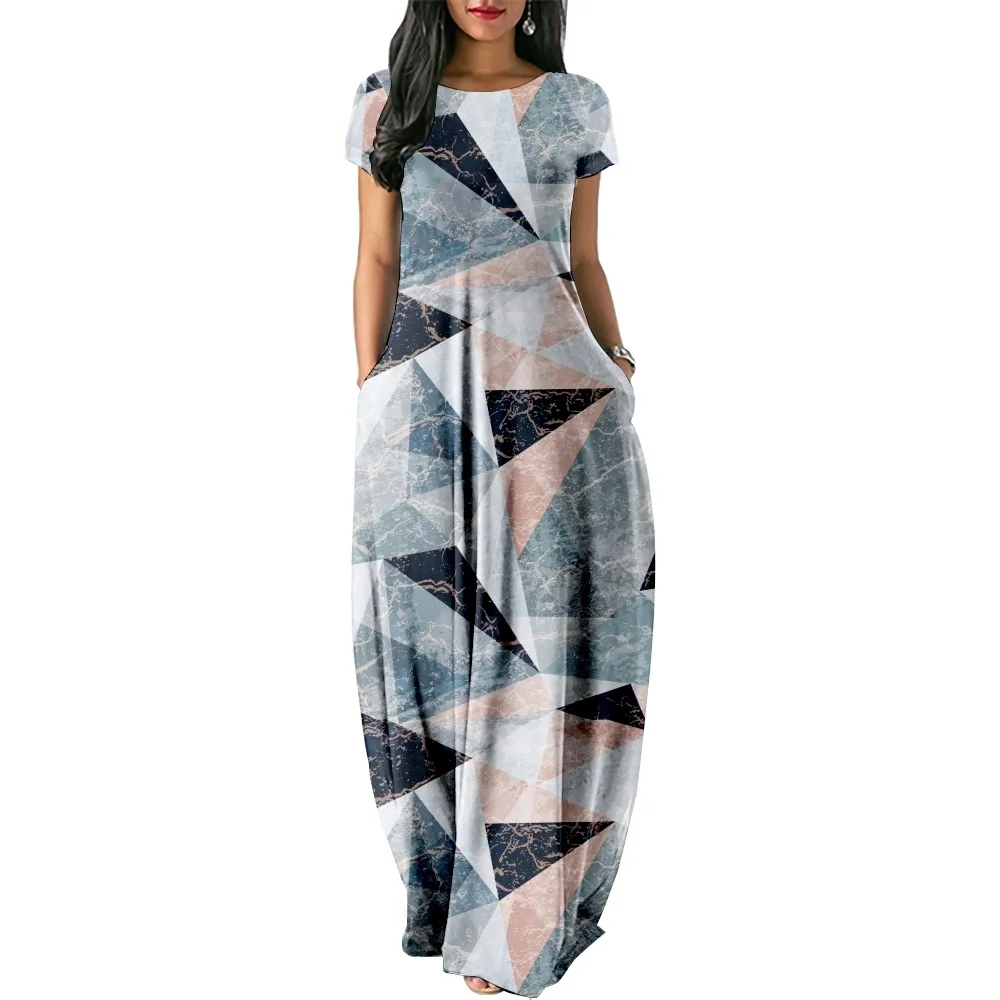 Water pattern Print Patchwork Print Women Casual Short Sleeve Dress Loose Long Double Pocket Beach Vacation Woman Dress