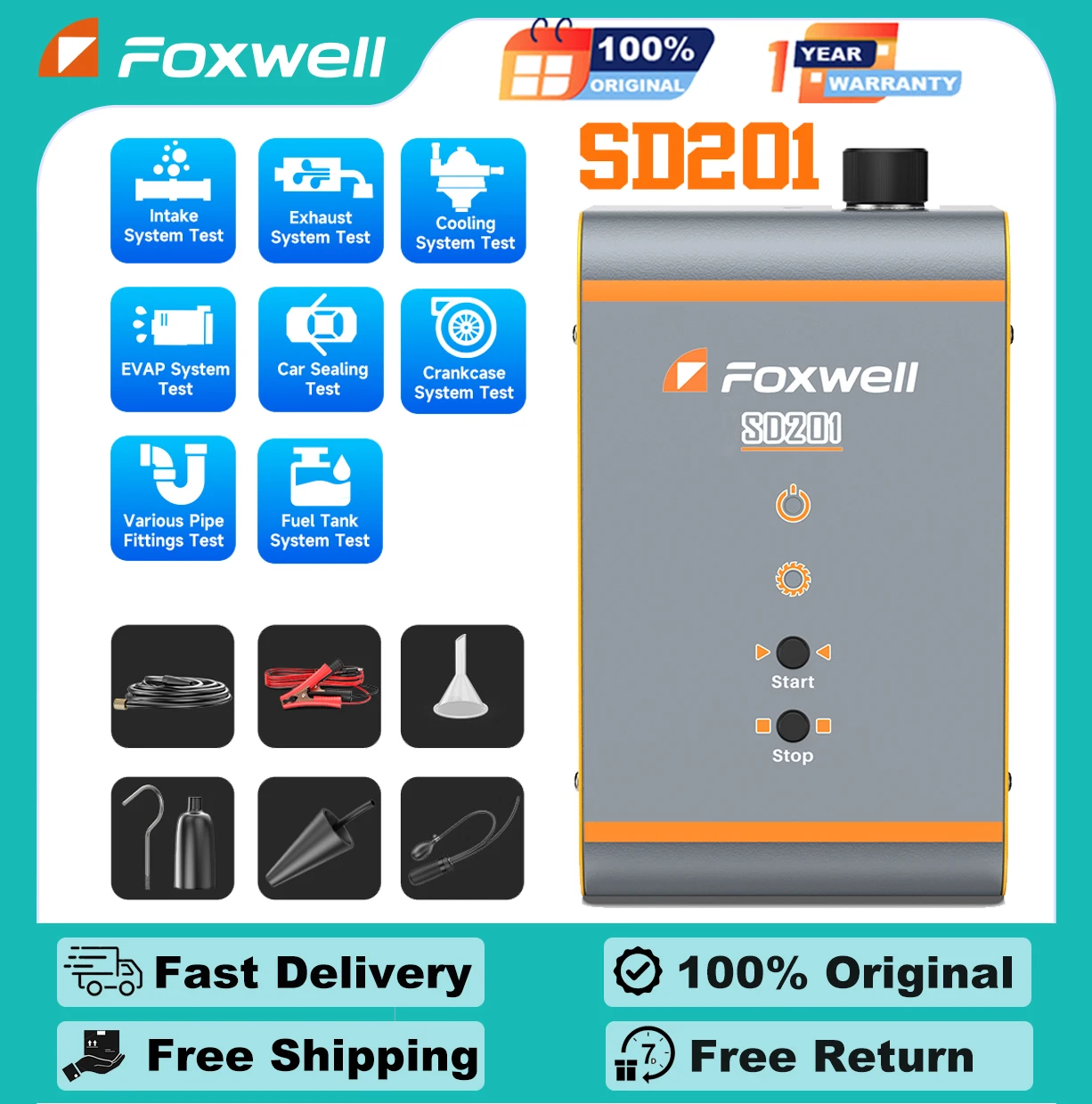 FOXWELL SD201 Car Smoke Machine Diagnostic Tool Built-in Air Compressor EVAP Vacuum Exhaust Pipe Oil Leakage Detector Scanner