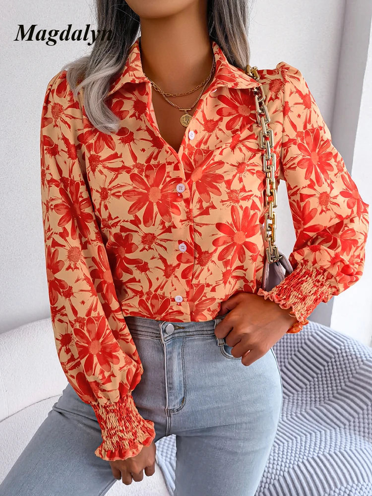 Magdalyn Women Vintage Floral Print Blouse Luxury Office Basic Chiffon Top Blusas Ins Casual Lapel Neck Long Sleeve Button Shirt