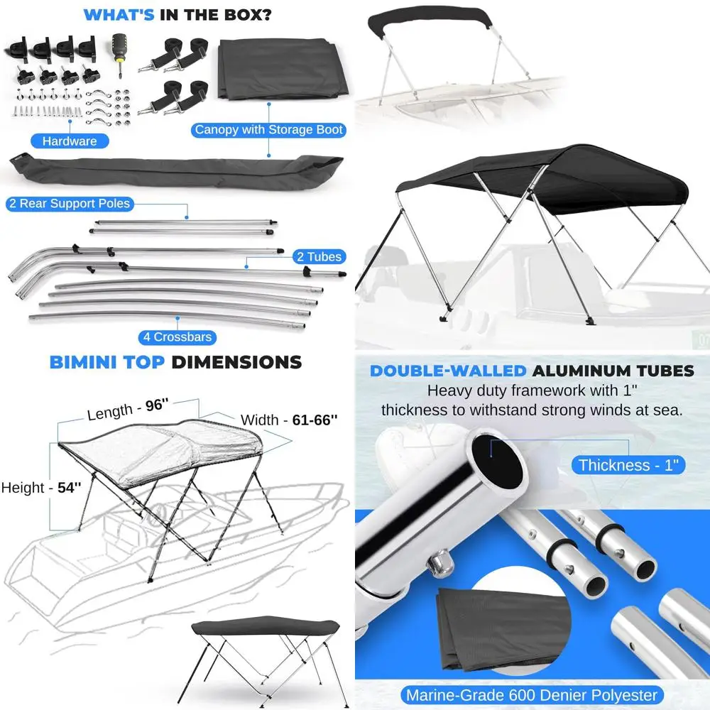 

Gray 4 Bow Bimini Top Boat Cover, 96L x 61-66W x 54H, Durable, Waterproof, UV-Resistant, Easy Install with Front Straps, Rear Su