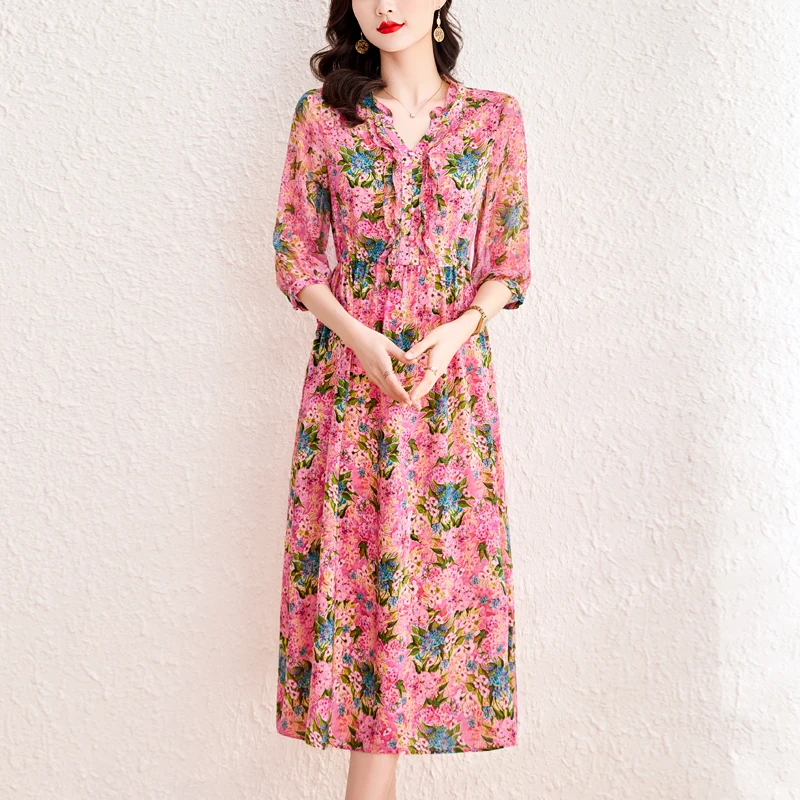 Summer Fashion Retro Silk Printed Mulberry Silk Dress For Women 2023 New Versatile Floral Loose Fit Leisure Vacation Vestidos