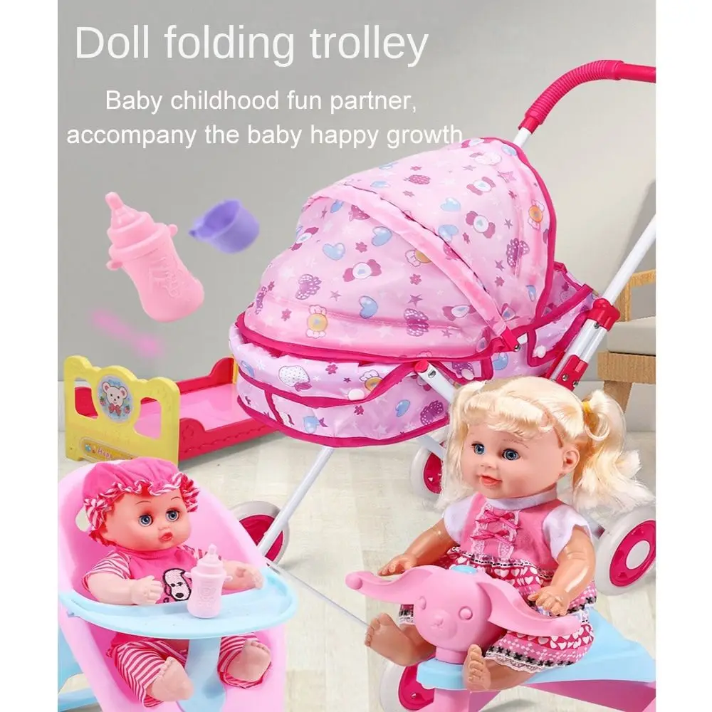 Trendige Kunststoff + Metallpuppen Kinderwagen Eisen Stützrahmen Rollenspiel Kinder Hauszubehör Spielen Spielspielzeug für Kleinkinder Kleinkinder