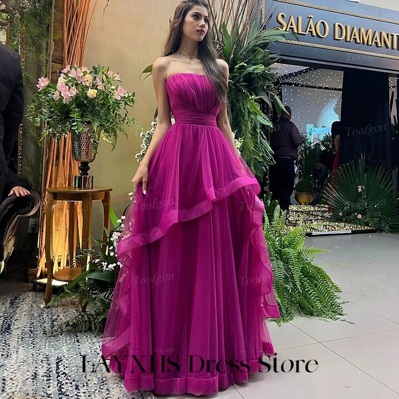 

LAYXHS Fashion Prom Dresse Strapless A-Line Tulle Hi-Lo Hemline Ruffle Formal Evening Dresses Customized robes de soirée