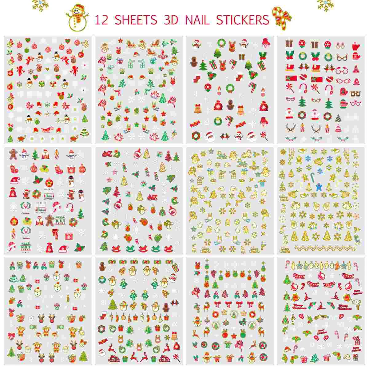 FRCOLOR 12 Sheets Christmas Nail Stickers with Tweezer Christmas Nail Decals Stickers 3D Nails Tips Decals Self-adhesive DIY Man