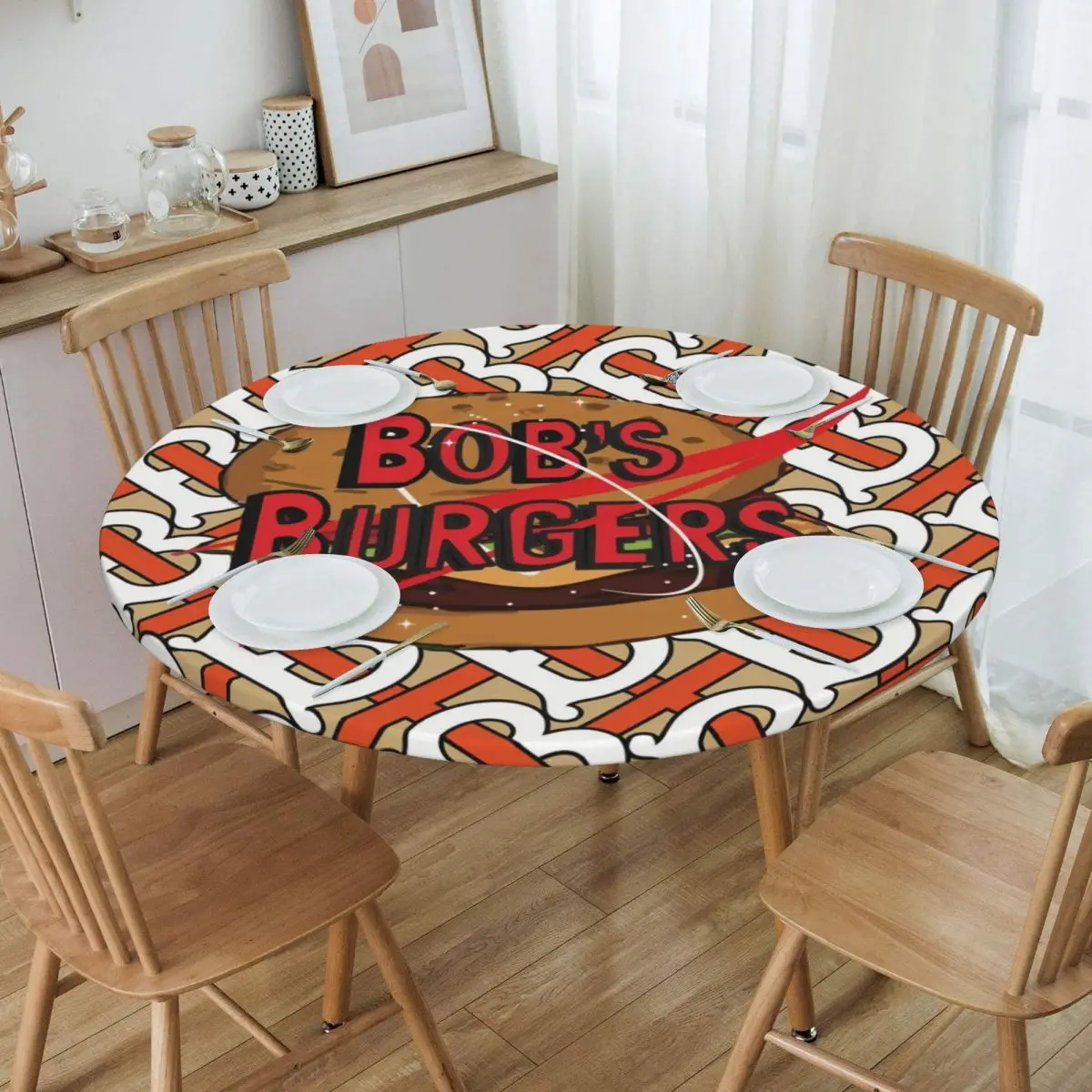 Customized Disney Bob's Burgers American Animation Tablecloth Round Elastic Fitted Oilproof Table Cover Cloth for Kitchen