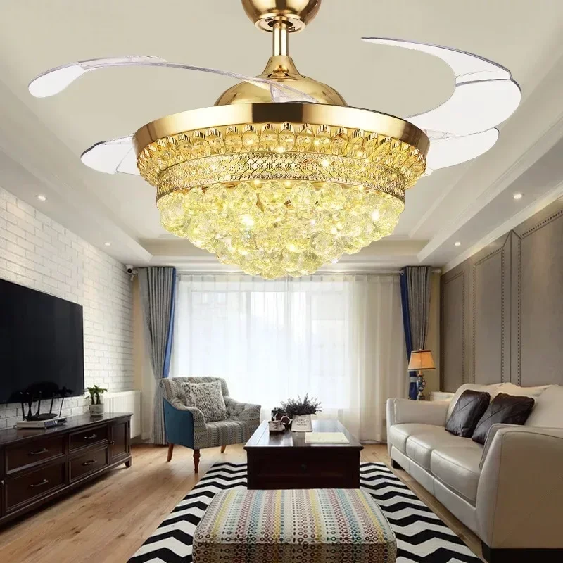 Luxurious Atmosphere Living Room Fan Light Crystal Remote Control Chandelier Bedroom Ceiling Fan Light Dining Room Ceiling Fan