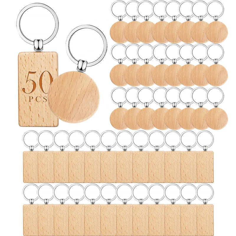 

50Pcs Wooden Keychain Unfinished Wooden Key Ring for DIY Gift Crafts Pendants Bag Decoration PET Tags