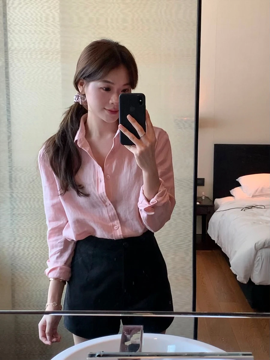 

Lazy Zoe Chill Linen irt Loose Casual Long Sve Turn-down Collar Sun Protection Pure Color Comfortable Women's Faion