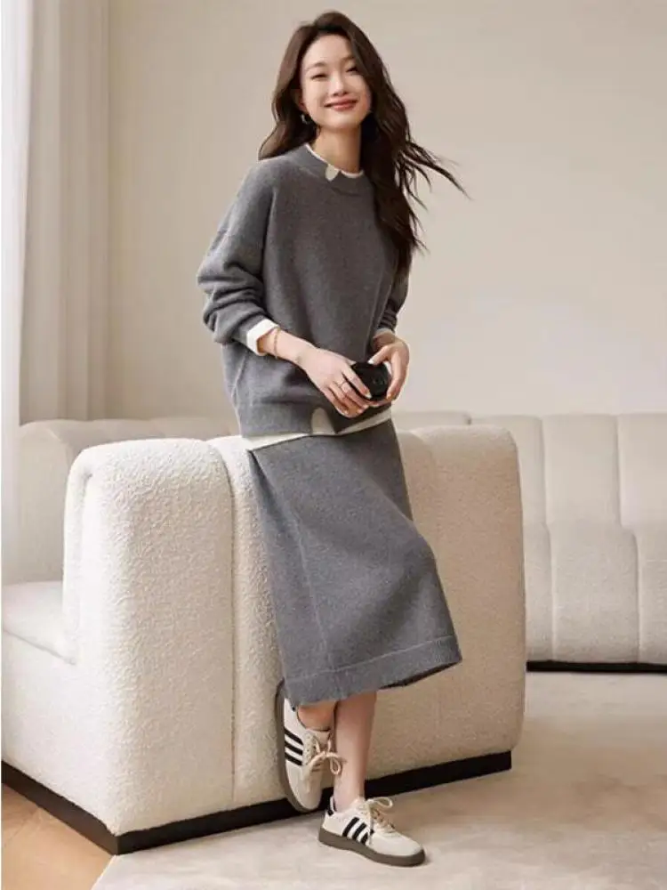 

Autumn Winter Women 2024 Grey Patchwork Round Neck Long Sleeve Knitted Sweater Tops + High Waist Split Skirt Two Pieces Set Chic
