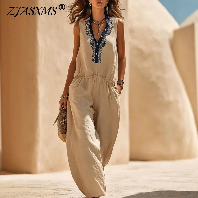 

Boho Style Floral Print V-Neck Jumpsuits Women Casual Loose Wide Leg Pants Summer Beachwear Rompers Sleeveless Vacation Overalls