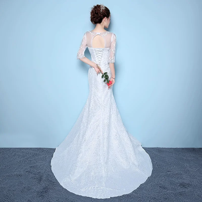 XXN-058TW # فستان ذيل السمكة برقبة دائرية 2025 فستان زفاف جديد للتخسيس للعروس مع دانتيل نصف كم رخيص بالجملة في الصين