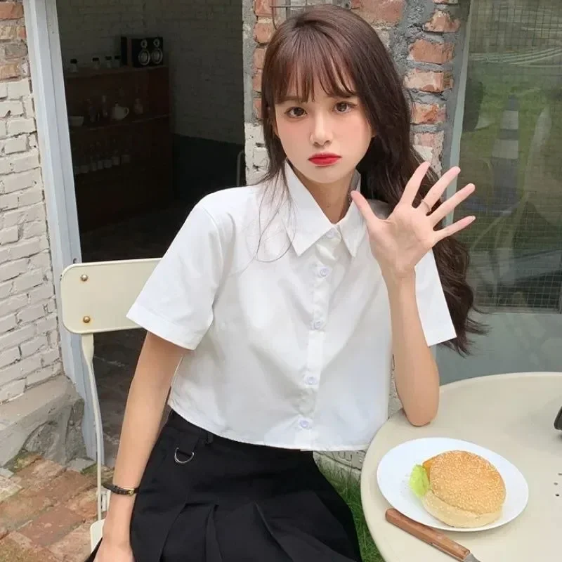 JK Preppy Style Shirts Women Girlish Thin Korean Fashion Cute Crops Blusas White Lovely Summer Leisure Sweet Chic Short Sleeve