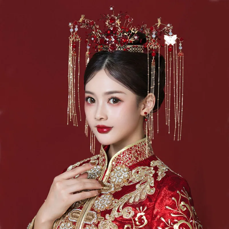 Chinese Style Wedding Phoenix Crown Women Luxury Bride Hair Headpiece Vintage Chinese Wedding Brides Red Crown Bridal Headpiece