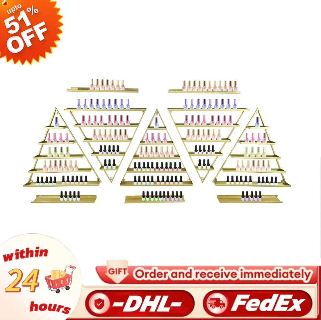 

10Pcs Triangular Nail Polish Racks Gold Iron Wall-mounted 5-tier Display Racks Horizontal Bars for Cosmetics/Stores/Nail Salons