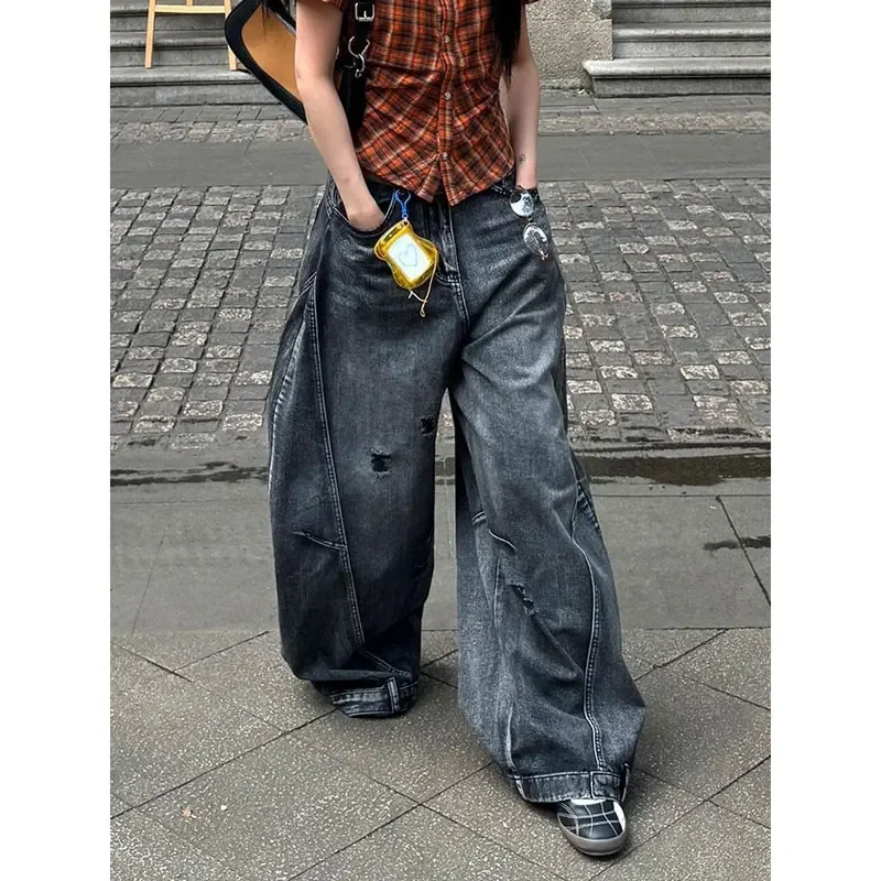 American Street Hip Hop Black Wash Machete Jeans Women Y2K Retro Old Ripped Loose Spice Girls Harajuku Casual Wide Leg Jeans