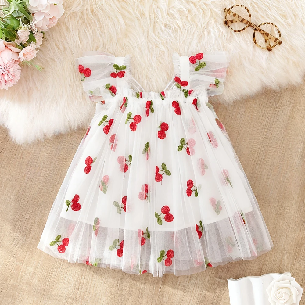 Vestido de niña de verano de malla vestido de niña cereza lindas alas traseras vestido de niña de flores de boda ropa de niña bebé