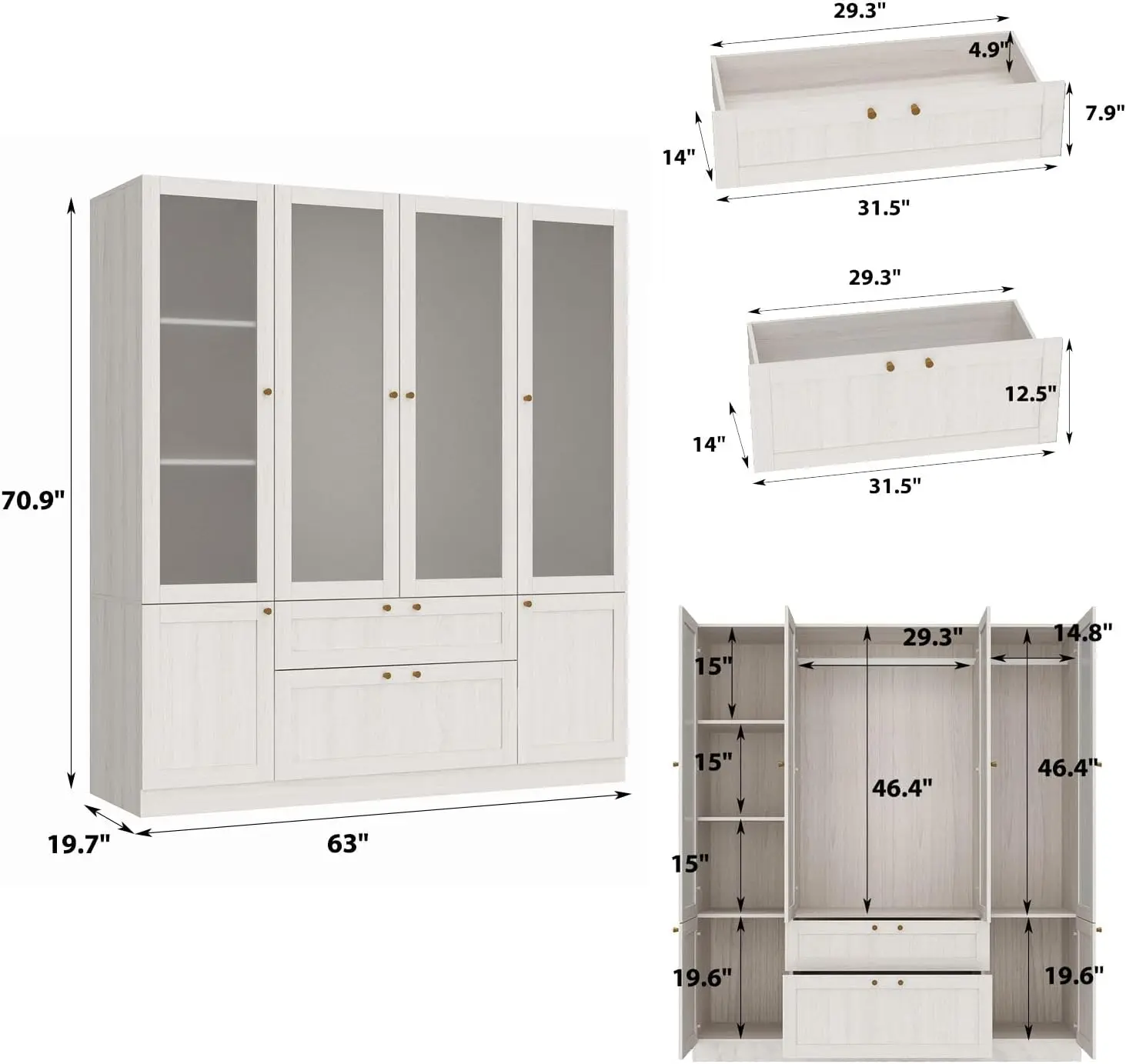 4 Door Wardrobe Armoire Closet with Hanging Rods & 2 Drawers, Bedroom Armoire with Frosted Glass Doors, Clothes Wardrobe