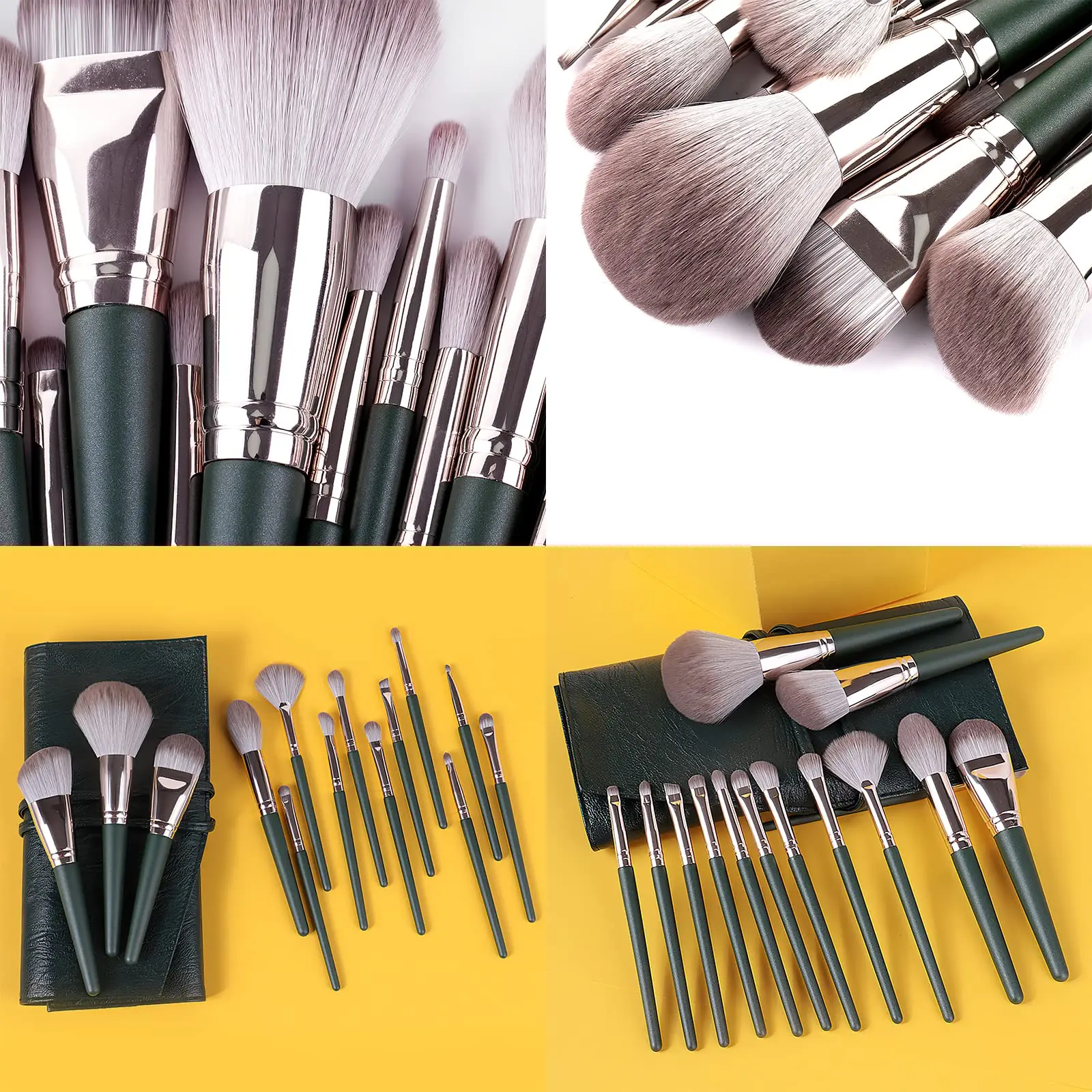Makeup Brush Set Matte Textured Complete Makeup Brush Set Pu Storage Bag Dark Green 14 Pieces Makeup Brush Set For Daily Home