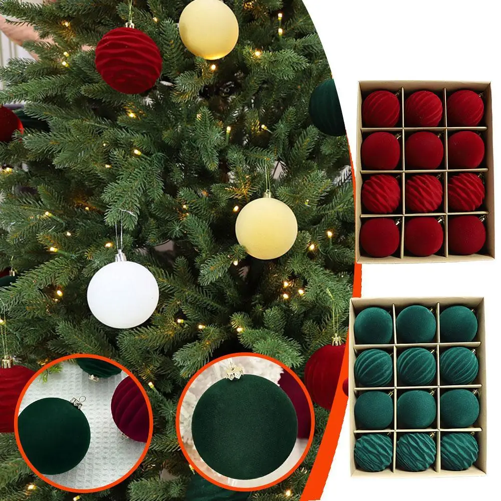 12pcs/box Red Dark Green  Velvet Christmas Balls Christmas Tree Decor Hanging Balls Ornaments Plush Ball Christmas Decor