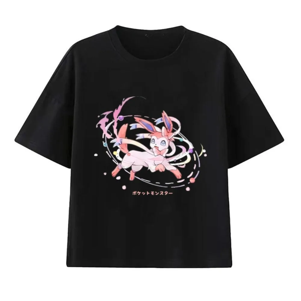 Herren New Pokémon Handheld Game Eevee Cartoon Print T-Shirt Sommer Herren und Damen Plus Size Trend Loose Kurzarm Top