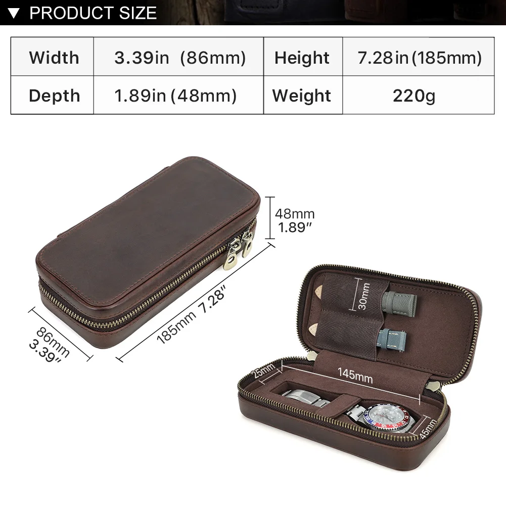 Luxury Retro Single Watch Genuine Leather Storage Display Travel Box 2 Watch Strap Slots Organizer Portable Case Zipper Bag